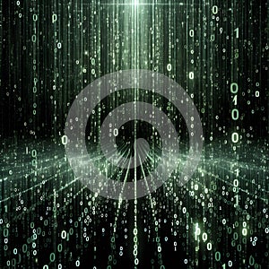 Pattern of green binary code numbers falling in an organized flow, creating digital waterfall effect