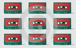 Pattern of green-red vintage music cassettes isolated on white background.