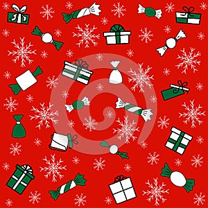 Pattern with green and white gift boxes, white snowflakes and sweets on red background. Vector pattern for Christmas, New Year`s