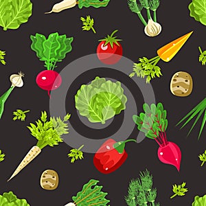 Pattern of greens and root vegetables. Vector illustration.