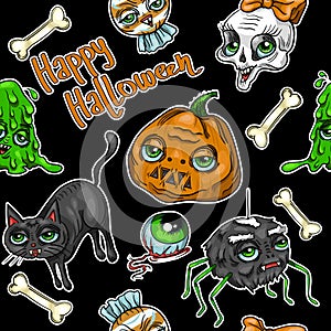 Pattern of halloween element patches: pumpkin, Skull, Spider, Slime, Cat, Bat, Bone .