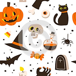 Pattern for Halloween. Pumpkin, ghost, bat, candy, Witch hat, and other items on Halloween theme.