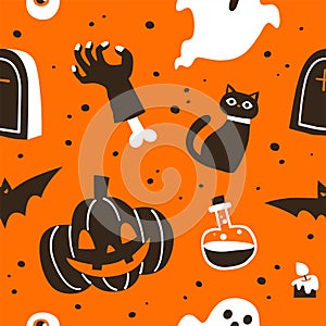 Pattern for Halloween. Pumpkin, ghost, bat, candy, Witch hat, and other items on Halloween theme.