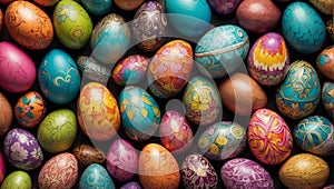 Pattern of hand-colored Easter eggs with abstract and imaginative designs