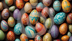 Pattern of hand-colored Easter eggs with abstract and imaginative designs
