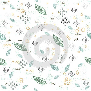 Pattern with hand drawn flying leafs. Scandinavian Style