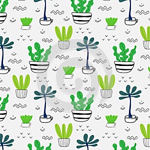 Pattern With Hand Drawn Plants In Pots.