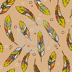 Pattern with hand drawn tribal feathers