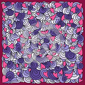 Pattern with hearts, arcs and curls, a festive ornate card for Valentine\'s Day or other holiday