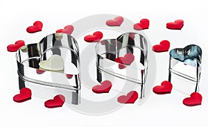 A pattern of hearts of different sizes and colors.