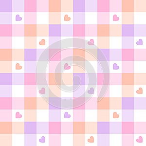 Pattern with hearts for Easter in pastel lilac, pink, apricot orange. Seamless geometric multicolored gradient gingham.