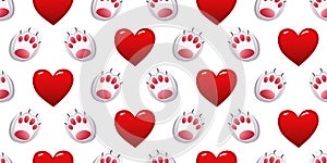 A pattern of hearts and paw prints on a white