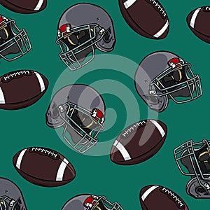 A pattern of helmets and soccer balls scattered.Sporty mood.