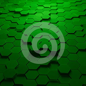 A pattern of hexagonal tiles in varying shades of green creates a 3D effect. The