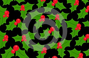Pattern with holly leaves on black background