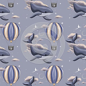 A pattern with hot air balloons whales, stars and magical bird