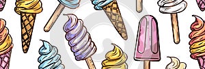 Pattern with ice cream cones and popsicles with fruit decorations on white background banner. Panoramic web header. Wide