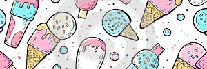 Pattern with ice cream cones and popsicles with fruit decorations on white background banner. Panoramic web header. Wide
