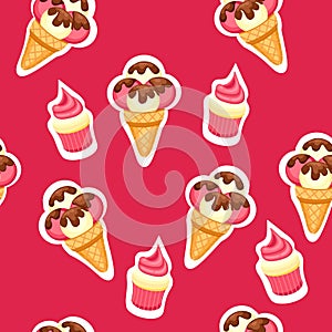 Pattern Ice Cream and Cupcake vector illustration. Background of texture strawberry and vanilla Ice Cream dessert and