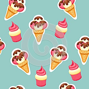 Pattern Ice Cream and Cupcake vector illustration. Background of texture strawberry and vanilla Ice Cream dessert and