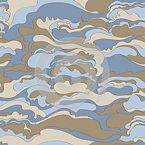 Pattern with the image of the cream texture of blue, gray and beige shades. Abstract background.