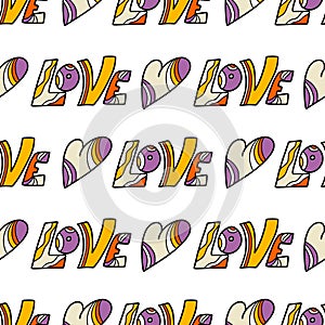 A pattern with the inscription Love and hearts in the style of 1970, a hand-drawn vector pattern
