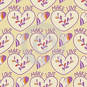 Pattern with the inscription Make Love and hearts in the style of 1970, a hand-drawn vector pattern