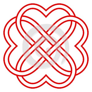 Pattern of intertwined hearts, vector knot weaving of hearts symbol eternal love and friendship