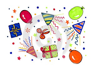 Pattern with items for a birthday party. Balloons, gifts, confetti. Different colors on a white background.