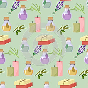 Pattern with items for the spa salon - oil bottles, candles, lavender and olive, bamboo.