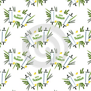 Pattern for Jewish holiday Sukkot. torah with Lulav, ,Etrog, Arava and Hadas. Four species symbols date palm, citron