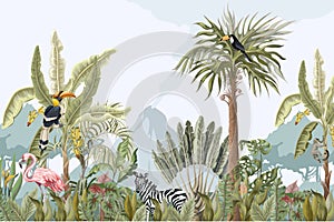 Pattern with jungle animals, flowers and trees. Vector.