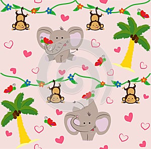 Pattern for kids with cute elephant and monkey. Cartoon style. Vector illustration