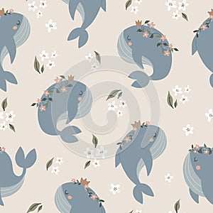 Vector hand-drawn colored childish seamless repeating simple doodle pattern with whales in scandinavian style.