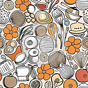 Pattern of kitchen items and utensils, seamless pattern.