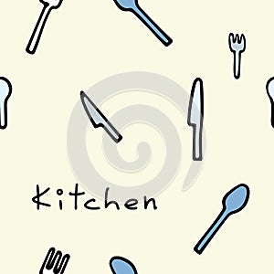 Pattern with kitchen knives, forks, spoons, cutlery on a yellow background and lettering Kitchen.