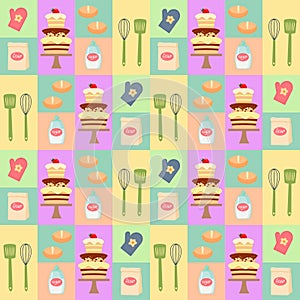 Pattern with kitchen utensils and baked goods. Buns and cake.