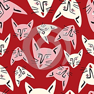 Pattern with kitty with a lovely face. Freaky comic cat face