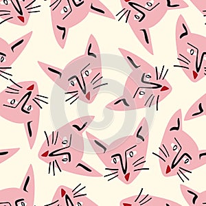 Pattern with kitty with a lovely face. Freaky comic cat face