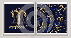 Pattern, label with gold icon of zodiac sign Aries