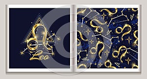 Pattern, label with gold icon of zodiac sign Leo