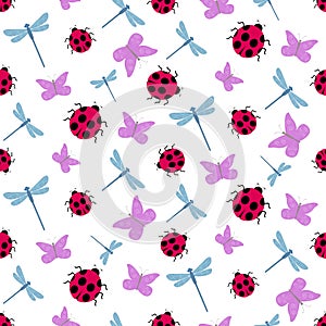 Pattern with ladybugs, dragonflies, butterflies. Cool seamless texture with insects. Summer flat vector illustration