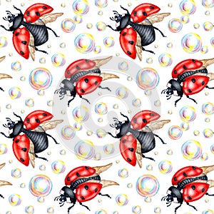 Pattern ladybugs and soap bubbles watercolor