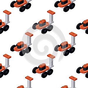 Pattern of a lawnmower in isometry on a white background. Vector