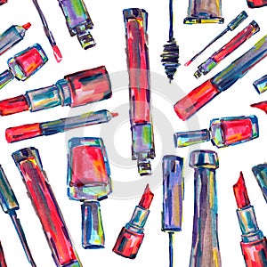 Pattern lipstick, nail polish, lip gloss, mascara, cream, red lip liner. Watercolor painted fashion illustration of