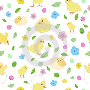 Pattern with little yellow chickens in different poses, easter eggs, leaves and flowers