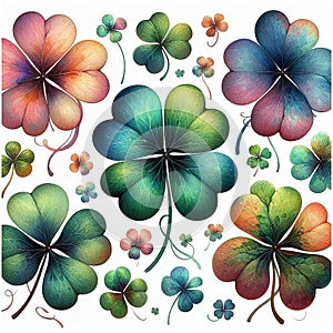 Pattern of lucky four leaf clovers in multiple colors