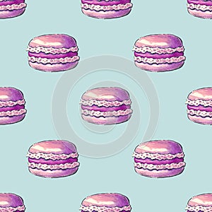 Pattern with macaroons. Sweets painted in watercolor. Multicolored background with desserts.