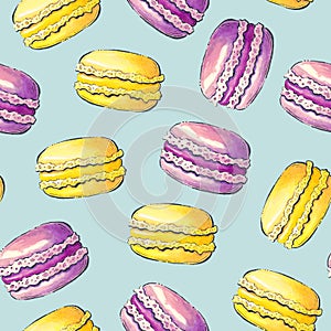 Pattern with macaroons. Sweets painted in watercolor. Multicolored background with desserts.