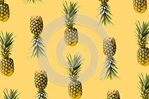 Pattern made of many modern, creative fresh exotic funky pineapples against illuminated yellow background. Levitating natural
